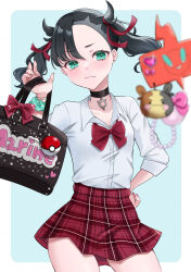 1girl bag black_choker black_hair bow bowtie choker commentary ditto gen_1_pokemon gen_4_pokemon gen_8_pokemon green_eyes gyaru hair_ribbon highres holding holding_bag looking_at_viewer marnie_(pokemon) miniskirt morpeko morpeko_(full) nintendo plaid_clothes plaid_skirt poke_ball poke_ball_(basic) pokemon pokemon_swsh red_bow red_bowtie red_ribbon ribbon rotom rotom_phone school_bag school_uniform serafuku shirocat_0121 shirt skirt solo transformed_ditto twintails white_shirt