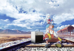 1boy 1girl ac30_(listeners) amplifier black_eyes black_hair blue_eyes blue_hair blue_sky cable cloud cloudy_sky dark_skin day desert gloves gravel headphones highres key_visual light_blue_hair listeners long_hair mountainous_horizon official_art overalls promotional_art railroad_tracks short_hair shorts sitting sky speaker standing vox_(company)
