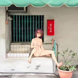 1girl barefoot bob_cut breasts brown_eyes brown_hair censored cleft_of_venus completely_nude glasses highres kai-o mosaic_censoring nipples nude nudist original public_indecency pussy red-framed_eyewear sitting solo spread_legs toes