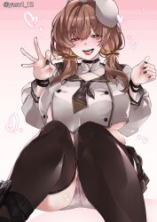 Rule 34 | 1girl, absurdres, areola slip, belly, beret, black choker, black nails, black neckerchief, black thighhighs, blush, bow, bready (nikke), breasts, bright pupils, brown eyes, brown hair, brown sailor collar, candy, choker, crop top, cropped shirt, double-parted bangs, feet out of frame, fingernails, food, goddess of victory: nikke, gradient background, haagyu, hair between eyes, hair bow, hair intakes, hat, heart, heart-shaped pupils, highres, holding, holding candy, holding food, large breasts, legs together, lollipop, long hair, long sleeves, looking at viewer, low twintails, miniskirt, nail polish, neckerchief, no bra, ok sign, panties, pantyshot, pink background, pleated skirt, plump, puffy long sleeves, puffy sleeves, sailor collar, saliva, saliva trail, shirt, sitting, skirt, solo, symbol-shaped pupils, teeth, thick thighs, thighhighs, thighs, tongue, twintails, underboob, underwear, watermark, white background, white hat, white panties, white shirt, wristband, yellow bow