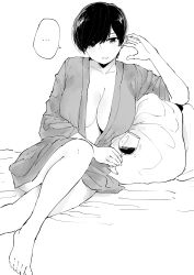 Rule 34 | ..., 1girl, absurdres, barefoot, breasts, cleavage, commentary, cup, dressing gown, drinking glass, earrings, english commentary, female focus, greyscale, highres, jewelry, large breasts, looking at viewer, monochrome, no bra, norman maggot, olive laurentia, open clothes, original, pixie cut, shirt, short hair, simple background, sitting, solo, speech bubble, spoken ellipsis, white background, wine glass