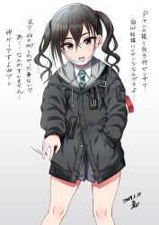 1girl black_hair brown_eyes female_focus hand_in_own_hair highres hood hooded_jacket idolmaster idolmaster_cinderella_girls jacket long_hair looking_at_viewer mask mole mole_under_eye mouth_mask necktie pleated_skirt school_uniform sharp_teeth simple_background skirt solo sunazuka_akira teeth translation_request twintails white_background yoohi