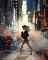 1girl animal arrow_(symbol) black_choker black_eyes black_hair black_jacket building car choker city_lights cityscape closed_mouth collared_jacket commentary crosswalk dog english_commentary fog from_side full_body gradient_hair grey_pantyhose highres holding holding_animal holding_dog jacket jitome lamppost long_hair looking_ahead motor_vehicle multicolored_hair neon_lights neon_sign night no_sclera original outdoors pantyhose pedestrian_lights popped_collar profile reflective_surface road road_sign sam_yang shoes sign skyscraper sneakers solid_oval_eyes solo_focus street traffic_light two-tone_hair urban vanishing_point walking white_hair wide_sleeves window