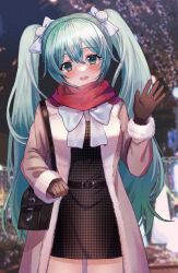 1girl :d absurdres aqua_hair bag black_bag black_gloves blurry blurry_background blush bow brown_coat brown_dress coat commentary_request dress fur-trimmed_coat fur_trim gloves green_eyes hair_between_eyes hatsune_miku highres houndstooth kuro-ko long_hair open_clothes open_coat open_mouth pom_pom_(clothes) red_scarf scarf shoulder_bag smile solo teeth tongue twintails upper_teeth_only vocaloid white_bow