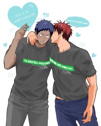 !? 2023 2boys aomine_daiki arm_around_shoulder arm_around_waist arm_up blue_hair blue_pants blush colored_speech_bubble colorpanther commentary_request constricted_pupils couple crew_neck dark-skinned_male dark_skin dated embarrassed english_text grey_pants grey_shirt heart highres jewelry kagami_taiga kiss kissing_cheek kuroko_no_basuke male_focus multiple_boys necklace pants parted_lips print_shirt red_hair ring ring_necklace shirt short_hair short_sleeves speech_bubble standing t-shirt teeth white_background white_day yaoi