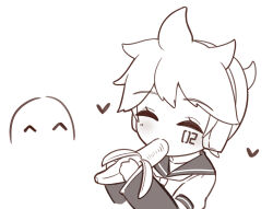 1boy 1other ^_^ arm_warmers banana c_take0141 chibi closed_eyes commentary eating facial_mark food fruit heart kagamine_len monochrome simple_background vocaloid white_background