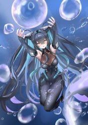 1girl absurdres aqua_hair backless_bodysuit backless_outfit bare_shoulders black_bodysuit black_hair blue_hair bodysuit breasts bubble cleavage colored_inner_hair gloves goddess_of_victory:_nikke hair_intakes halterneck highres large_breasts little_mermaid_(nikke) long_hair looking_at_viewer multicolored_hair see-through_clothes solo twintails user_unmt8738 very_long_hair yellow_eyes