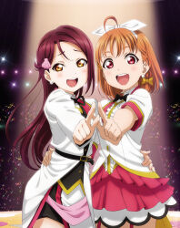 2girls ahoge arm_around_waist artbook black_bow black_bowtie blush bow bowtie earrings hair_bow hair_ornament hairband highres jewelry long_hair looking_at_viewer love_live! love_live!_sunshine!! mirai_ticket multiple_girls non-web_source official_alternate_costume official_art open_mouth orange_hair red_eyes red_hair ribbon sakurauchi_riko short_hair short_sleeves smile takami_chika yellow_eyes