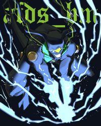 Rule 34 | 1boy, afdsbm, alien, ben 10, ben 10: omniverse, black background, black skin, colored skin, commentary, electricity, english commentary, english text, eye trail, feedback (ben 10), glowing, glowing eyes, glowing hand, green eyes, grin, highres, light trail, male focus, no humans, one-eyed, smile, solo, tail, teeth