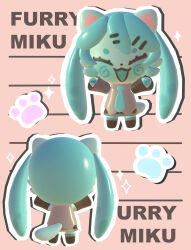 1girl 3d absurdres alternate_species aqua_hair blush cat cat_girl chibi chibi_only closed_eyes commentary detached_sleeves english_text furry furry_female hair_ornament hairclip hatsune_miku highres lavy_(lavnko) long_hair multiple_views necktie open_mouth outline paw_print pawpads skirt smile sparkle twintails very_long_hair vocaloid white_outline