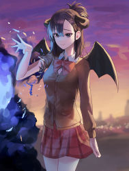 Rule 34 | 1girl, absurdres, blurry, blurry background, bow, bowtie, brown cardigan, cardigan, closed mouth, collared shirt, commentary, cowboy shot, demon wings, english commentary, explosion, gabriel dropout, highres, horns, long sleeves, mac star, magic, medium hair, outdoors, plaid clothes, plaid skirt, ponytail, purple eyes, purple hair, red bow, red bowtie, red skirt, shirt, skirt, smile, solo, sunset, torn sleeve, vignette tsukinose april, wings