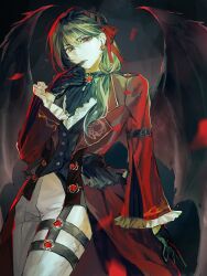Rule 34 | 1girl, arm belt, ascot, bang dream!, bang dream! it&#039;s mygo!!!!!, bat wings, belt, belt buckle, black ascot, black background, black belt, black gloves, black vest, brown eyes, buckle, buttons, center frills, chinese commentary, coat, commentary request, cowboy shot, earrings, feiyu30903448, finger to mouth, frilled sleeves, frills, gem, gloves, hair between eyes, hair ribbon, head tilt, highres, jewelry, lapels, leg belt, long hair, long sleeves, looking at viewer, low side ponytail, mole, mole under eye, notched lapels, official alternate costume, official alternate hairstyle, open clothes, open coat, pants, parted lips, print coat, red coat, red gemstone, red ribbon, revision, ribbon, shiina taki, solo, vest, waistcoat, white pants, wide sleeves, wings