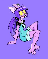 1girl animal_ears blue_overalls furry furry_female herny highres original overalls purple_hair sharp_teeth simple_background smile tail teeth wolf_ears wolf_girl wolf_tail