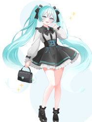 Rule 34 | 1girl, :d, absurdres, ahoge, ankle socks, aqua hair, bag, bare legs, black bag, black bow, black bowtie, black shoes, black skirt, black socks, blue brooch, blue ribbon, bow, bowtie, brooch, collared shirt, commentary request, cross-laced clothes, cross-laced skirt, double-parted bangs, fang, fingers to cheek, footwear bow, frilled shirt collar, frilled sleeves, frills, full body, grey shirt, hair between eyes, hair bow, hand up, handbag, hatsune miku, heart, heart brooch, high-waist skirt, highres, holding, holding bag, jewelry, knees together feet apart, long hair, long sleeves, looking at viewer, miniskirt, open mouth, petticoat, puffy long sleeves, puffy sleeves, ribbon, ribbon-trimmed skirt, ribbon trim, shirt, shoes, simple background, skin fang, skirt, sleeve bow, smile, socks, solo, sparkle, standing, suspender skirt, suspenders, tongue, very long hair, vocaloid, white background, y vdo