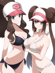 1girl 2girls :o absurdres arm_under_breasts bare_shoulders baseball_cap bikini black_bikini blue_eyes blush breasts brown_hair closed_mouth donut_hair_bun double_bun hair_bun hat high_ponytail highres hilda_(pokemon) large_breasts long_hair looking_at_viewer medium_breasts multiple_girls navel nintendo open_mouth poke_ball poke_ball_(basic) poke_ball_print pokemon pokemon_bw pokemon_bw2 ponytail rosa_(pokemon) shabana_may sidelocks simple_background smile stomach strap_gap swimsuit twintails visor_cap white_background white_bikini