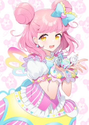 1girl :3 :d bad_id bad_twitter_id blue_bow bow bubble_skirt commentary_request cowboy_shot double_bun dress earrings egg hair_bow hair_bun hands_up highres holding holding_egg idol_clothes inactive_account jewelry kiracchu_(pri_chan) kiratto_pri_chan looking_at_viewer nabeshima_(pon_nbsm) open_mouth pink_dress pink_hair pouch pretty_series puffy_short_sleeves puffy_sleeves short_sleeves skirt smile solo standing star_(symbol) star_earrings white_background wings yellow_eyes