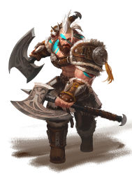 1boy abs arm_tattoo axe bara barbarian beard biceps boots brown_hair chest_belt chest_protector dual_wielding facial_hair facial_tattoo gauntlets highres holding kang_nk large_pectorals leather leather_belt leather_boots looking_at_viewer male_focus manly mature_male mohawk multicolored_hair muscular muscular_arms muscular_male original pants pectorals ponytail scar scar_across_eye scar_on_face shoulder_pads solo spikes tattoo warrior weapon white_hair