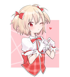1girl ;o alternate_costume ayano_rika back_bow blonde_hair border bow bowtie center_frills commentary_request corset cropped_torso dot_nose eyelashes frilled_sleeves frills gloves hair_between_eyes hair_bow heart heart_hands highres light_blush looking_at_viewer loose_hair_strand magia_record:_mahou_shoujo_madoka_magica_gaiden mahou_shoujo_madoka_magica one_eye_closed outside_border parted_lips pink_background plaid_clothes plaid_corset puffy_short_sleeves puffy_sleeves red_bow red_bowtie red_corset red_eyes short_hair short_sleeves sleeve_bow solo two_side_up ultimate_magnum white_border white_gloves wrist_bow
