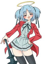 1girl absurdres black_thighhighs blue_hair blush bokusatsu_tenshi_dokuro-chan bow club club_(weapon) collared_shirt contrapposto cowboy_shot excalibolg green_eyes hair_ribbon halo hand_on_own_hip highres holding holding_club holding_weapon jacket konomi_eisuke long_sleeves looking_at_viewer medium_hair miniskirt mitsukai_dokuro narrowed_eyes open_mouth pleated_skirt red_jacket ribbon shirt short_twintails skirt solo spiked_club standing thighhighs twintails weapon white_background white_shirt white_skirt zettai_ryouiki