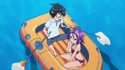 1boy 1girl animated anime_screenshot asphyxiation bikini blush bokutachi_wa_benkyou_ga_dekinai breasts drowning kominami_asumi long_hair lowres nipples nude_filter ocean partially_submerged purple_eyes purple_hair raft sound swimsuit third-party_edit underwater video water yuiga_nariyuki