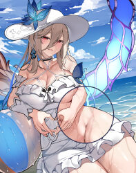 1girl absurdres aponia_(honkai_impact) aponia_(mesmerizing_blue)_(honkai_impact) areola_slip ball beach beachball blonde_hair blue_sky breasts cleavage cloud commentary day dress groin hat highres honkai_(series) honkai_impact_3rd large_breasts long_hair mole mole_under_eye navel ocean official_alternate_costume outdoors red_eyes sky solo sun_hat sundress vierzeck wet white_dress x-ray_vision