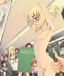 1boy 6+girls absurdres armpits arms_behind_head arms_up artist_request audience black_hair blonde_hair blush brown_eyes character_request circumcision_scar collarbone completely_nude copyright_request erection flat_chest green_eyes highres indoors long_hair looking_at_penis male_focus medium_hair model multiple_girls nude one_eye_closed open_mouth penis short_hair source_request testicles third-party_edit trap