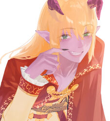 1boy absurdres ajpp6 androgynous azbar_(dragon_quest) belt black_nails blonde_hair brown_belt cape colored_skin commentary_request demon_boy dragon_quest dragon_quest_x fang fingernails green_eyes grin highres horns long_fingernails long_hair looking_at_viewer looking_to_the_side male_focus pointy_ears purple_skin red_cape red_horns sharp_fingernails smile upper_body white_background