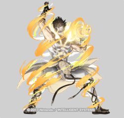 1boy antlers bodysuit brown_eyes brown_hair commentary_request company_name dumbbell eikthyrnir_(fire_emblem) fingerless_gloves fire_emblem fire_emblem_heroes full_body gloves glowing_antlers grey_background holding holding_dumbbell horns kozaki_yuusuke male_focus mask mouth_mask muscular muscular_male nintendo official_art sandals short_hair simple_background solo veins veiny_arms
