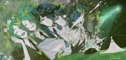 1other ^_^ artist_name azolitmin blue_eyes blue_hair closed_eyes colored_tongue commentary english_commentary frown gem_uniform_(houseki_no_kuni) green_eyes green_hair green_nails half-closed_eyes highres houseki_no_kuni long_hair looking_at_viewer lying multiple_persona multiple_views on_back on_grass one_eye_covered other_focus phosphophyllite phosphophyllite_(10000) phosphophyllite_(ll) progression short_hair smile spoilers