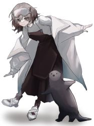 1girl animal arknights brown_dress brown_eyes brown_hair closed_mouth dress full_body goggles goggles_on_head hair_between_eyes highres jacket long_sleeves open_clothes open_jacket otter puffy_long_sleeves puffy_sleeves roberta_(arknights) senjou_no_pentsu shadow shirt shoes simple_background sleeveless sleeveless_dress smile solo standing standing_on_one_leg white_background white_jacket white_shirt white_shoes