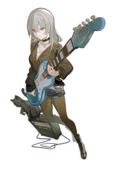 Rule 34 | 1girl, black boots, black cat, black choker, black outline, black pantyhose, black sweater, boots, breasts, cat, choker, collarbone, electric guitar, fender jazzmaster, foreshortening, girls band cry, grey eyes, grey hair, guitar, highres, holding, holding guitar, holding instrument, instrument, kawaragi momoka, knee boots, lace-up boots, long sleeves, looking at viewer, marshall amplification, medium breasts, naoel (naoel art), outline, pantyhose, simple background, sleeves past wrists, solo, sweater, v-neck, white background
