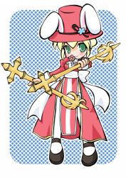Rule 34 | 1girl, animal ears, back bow, black shoes, blonde hair, blue background, bow, closed mouth, commentary request, cross, cross necklace, dress, dual wielding, fake animal ears, flower, flower in mouth, full body, green eyes, hat, high priest (ragnarok online), holding, holding staff, jewelry, juliet sleeves, long sleeves, looking at viewer, necklace, pelvic curtain, pink dress, pink flower, pink hat, polka dot, polka dot background, puffy sleeves, rabbit ears, ragnarok online, sash, shoes, smile, solo, staff, thighhighs, two-tone dress, white background, white bow, white dress, white sash, white thighhighs, yazawa kazuki