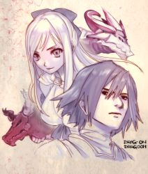 Rule 34 | 1boy, 1girl, angel (drag-on dragoon), bow, breasts, caim (drag-on dragoon), cleavage, closed mouth, copyright name, drag-on dragoon, drag-on dragoon 1, drag-on dragoon 3, dragon, eyelashes, frown, hair between eyes, hair bow, long hair, looking at viewer, medium breasts, mikhail (drag-on dragoon), narita imomushi, short hair, smile, swept bangs, upper body, zero (drag-on dragoon)