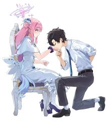 1boy 1girl angel_wings arm_behind_back black_hair black_pants black_shoes blue_archive blue_hair blue_necktie breasts buttons capelet chair closed_eyes closed_mouth collared_shirt commentary crescent double-breasted dress dress_shirt english_commentary feathered_wings flower from_side full_body gradient_hair hair_bun hair_flower hair_ornament hair_ribbon halo hand_up hetero highres kamu_(kamuuei) kiss kissing_hand large_breasts long_dress long_hair looking_at_another low_wings mary_janes mika_(blue_archive) multicolored_hair necktie on_chair on_one_knee pants pantyhose pink_hair pink_halo purple_flower purple_scrunchie purple_shoes ribbon scrunchie sensei_(blue_archive) sensei_(blue_archive_the_animation) shirt shoes short_hair simple_background single_side_bun sitting smile very_long_hair white_background white_capelet white_dress white_pantyhose white_ribbon white_shirt white_wings wings wrist_scrunchie yellow_eyes