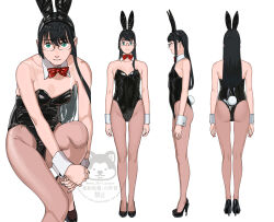1girl absurdres alternate_costume animal_ears black_hair black_leotard black_shoes bow bowtie breasts brown_pantyhose fake_animal_ears fake_tail glasses green_eyes high_heels highres hugging_own_leg kantai_collection leotard long_hair multiple_views ojipon ooyodo_(kancolle) pantyhose playboy_bunny rabbit_ears rabbit_tail red_bow red_bowtie shoes simple_background small_breasts smile standing tail white_background wrist_cuffs