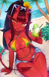 1girl bikini blush colored_skin cup day demon_girl demon_tail eyewear_on_head glass highres holding holding_cup meruccubus_(merunyaa) merunyaa mole navel open_clothes open_shorts original outdoors palm_tree pointy_ears ponytail red_skin shorts sitting skindentation smile solo sunglasses swimsuit tail tree