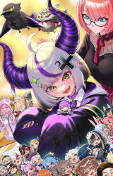 1boy 6+girls :3 absurdres ahoge animal_ears backwards_hat bicorne blonde_hair blue_eyes blue_hair bone_hair_ornament breast_tattoo breasts brown_eyes brown_hair chibi cleavage collar commentary crossed_bangs crow_(la+_darknesss) dog_ears english_commentary fang ganmo_(takane_lui) gawr_gura gawr_gura_(1st_costume) glasses green_eyes grey_hair hair_ornament hakui_koyori hakui_koyori_(summer) hat highres hiodoshi_ao hololive hololive_dev_is hololive_english horns hoshimachi_suisei hoshimachi_suisei_(1st_costume) inugami_korone inugami_korone_(1st_costume) jacket juufuutei_raden kazama_iroha kazama_iroha_(street) kiryu_coco la+_darknesss lion_ears long_hair mask mask_on_head minato_aqua multiple_girls murasaki_shion murasaki_shion_(1st_costume) nakiri_ayame nakiri_ayame_(1st_costume) natsuiro_matsuri natsuiro_matsuri_(1st_costume) necktie one_eye_covered open_mouth pink_hair purple_collar purple_hair purple_jacket purple_necktie rabbit_ears rabbit_girl red_ribbon ribbon sakamata_chloe sakura_miko sakura_miko_(1st_costume) shirogane_noel shirogane_noel_(1st_costume) shishiro_botan shishiro_botan_(1st_costume) short_hair side_ponytail skin_fang takane_lui takane_lui_(casual) tattoo tokishima_sikuka tokoyami_towa tokoyami_towa_(jirai_kei) tsukumo_sana tsukune_(takane_lui) twintails usada_pekora usada_pekora_(1st_costume) very_long_sleeves virtual_youtuber white_hair wide_sleeves yagoo yuzuki_choco yuzuki_choco_(1st_costume)