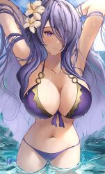 1girl absurdres arerex bikini blush breasts camilla_(fire_emblem) camilla_(tropical_beauty)_(fire_emblem) cleavage closed_mouth collarbone commentary fire_emblem fire_emblem_fates fire_emblem_heroes flower hair_flower hair_ornament hair_over_one_eye highres large_breasts lips long_hair looking_at_viewer navel nintendo official_alternate_costume one_eye_covered outdoors partially_submerged pink_lips purple_bikini purple_eyes purple_hair solo stomach swimsuit water wet yellow_flower