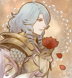 1boy armor blue_hair cape drill_hair drill_sidelocks falling_petals flower gold_armor gold_cloth gold_saint hair_over_one_eye holding holding_flower male_focus mizuhara_aki pauldrons petals pink_lips pisces_aphrodite red_flower red_petals red_rose ringlets rose rose_petals saint_seiya saint_seiya:_legend_of_sanctuary scales short_hair shoulder_armor sidelocks smile solo trap upper_body