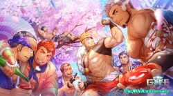 Rule 34 | 6+boys, abs, absurdres, alca (wakatanka4), alcohol, animal ears, armband, bara, beard, belt, biceps, black hair, blonde hair, blue sky, blush, bottle, cherry blossoms, chest tattoo, choko (cup), closed eyes, cup, diadem, eating, extra ears, eyepatch, facial hair, falling petals, fingerless gloves, flexing, gauntlets, gloves, gozu farm, gyee, headband, highres, japanese clothes, kamui (gyee), kimono, kong (gyee), large pectorals, leg tattoo, logo, looking at viewer, male focus, markus (gyee), multicolored hair, multiple boys, muscular, muscular arms, muscular male, nipples, official art, open mouth, outdoors, pectorals, petals, priapus a. tarou, rand (gyee), red eyes, red hair, sake, sake bottle, sitting, sky, smile, smirk, sparkle, spiked hair, takashi (gyee), tattoo, teeth, thick eyebrows, tree, two-tone beard, wavy mouth, white hair, yaoi