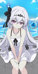 1girl :3 aged_down arbiter_the_empress_iii_(azur_lane) azur_lane bare_shoulders black_bow blue_fire blue_sky blush bow breasts closed_mouth cloud collarbone commentary day dress english_commentary fire hair_between_eyes hair_bow hair_bun hair_ornament hands_on_lap highres horizon jaggi_95 jewelry long_hair necklace ocean orb outdoors purple_eyes rock single_hair_bun siren_(azur_lane) sitting sky sleeveless sleeveless_dress small_breasts smile solo spaghetti_strap very_long_hair water white_dress white_hair