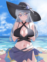 1girl absurdres beach bikini black_bikini blue_sky breasts bronya_zaychik bronya_zaychik_(silverwing:_n-ex) bronya_zaychik_(summer_2022) cleavage drill_hair grabbing_own_breast grey_eyes grey_hair hat highres honkai_(series) honkai_impact_3rd large_breasts long_hair looking_at_viewer masita_(kcsf3528) midriff navel ocean official_alternate_costume outdoors sarong see-through_clothes see-through_sarong sky sun_hat swimsuit thighs water