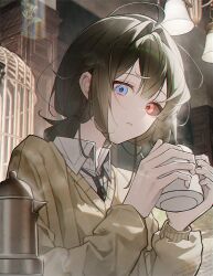 1girl ahoge black_hair black_necktie black_sclera blue_eyes cage collared_shirt colored_sclera cup dottovu dress_shirt frown hair_between_eyes hanging_light heterochromia hmxiamo holding holding_cup indie_utaite indie_virtual_youtuber indoors kettle long_sleeves looking_at_viewer medium_hair mismatched_sclera necktie red_eyes shirt solo sweater upper_body virtual_youtuber white_shirt yellow_sweater