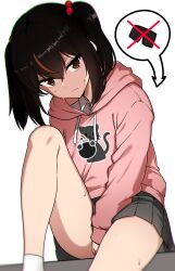 1girl bike_shorts black_skirt brown_eyes brown_hair highres hood hoodie looking_at_viewer medium_hair multicolored_hair nanju_bami original pink_hoodie shirt simple_background skirt socks speech_bubble thighs twintails two-tone_hair white_background white_shirt white_socks