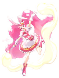 1girl animal_ears animal_shoes batter big_hair boots bow bowtie buttons cake choker clear_glass_(mildmild1311) cure_whip eyelashes floating_clothes floppy_ears food food-themed_clothes food-themed_hair_ornament food_print frilled_skirt frills fruit_print full_body gloves hair_ornament happy highres holding holding_wand kirakira_precure_a_la_mode knees layered_skirt leg_up long_hair looking_at_viewer magic magical_girl miniskirt open_mouth outstretched_arms pink_boots pink_bow pink_bowtie pink_choker pink_eyes pink_hair pink_vest pom_pom_(clothes) precure puffy_short_sleeves puffy_sleeves rabbit_ears rabbit_girl rabbit_tail shirt short_sleeves signature simple_background skirt smile solo standing strawberry_brooch strawberry_print strawberry_shortcake tail tareme twintails usami_ichika very_long_hair vest wand white_background white_gloves white_shirt white_skirt yellow_skirt