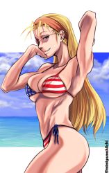 Rule 34 | 1girl, american flag, american flag bikini, american flag print, artist name, ass, bare shoulders, bikini, black lagoon, blonde hair, blue eyes, breasts, cleavage, cloud, eda (black lagoon), female focus, flag print, flag print bikini, grin, hairband, highres, horizon, large breasts, long hair, looking at viewer, mimiyama kiichi, ocean, orange hairband, outdoors, pink-tinted eyewear, pink-tinted glasses, print bikini, rimless eyewear, sky, smile, smirk, solo, spaghetti strap, straight hair, sunglasses, swimsuit, tinted eyewear, upper body
