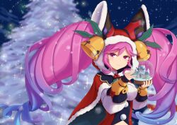 Rule 34 | 1girl, bell, blue hair, blurry, blurry background, breasts, cape, christmas, christmas tree, cleo (christmas) (dragalia lost), cleo (dragalia lost), commentary request, cream cod, dark, dragalia lost, fur trim, gradient hair, hat bell, holding, holding snow globe, hood, large breasts, light particles, long hair, looking at viewer, multicolored hair, night, night sky, pink eyes, pink hair, puffy sleeves, santa costume, sky, smile, snow, snow globe, snowflakes, solo, tree, twintails, upper body, very long hair