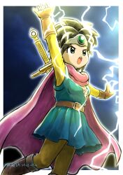 Rule 34 | 1girl, absurdres, arm up, artist name, belt, belt buckle, black hair, blue dress, blue eyes, bodysuit, boots, border, brown boots, buckle, cape, circlet, commentary, dragon quest, dragon quest iii, dress, electricity, feet out of frame, gloves, heroine (dq3), highres, moyapippi, open mouth, outside border, purple cape, roto (dq3), short hair, solo, spiked hair, sword, sword on back, symbol-only commentary, weapon, weapon on back, white border, yellow bodysuit