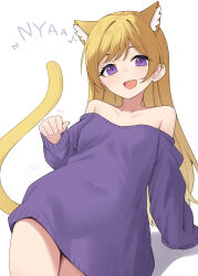 1girl animal_ear_fluff animal_ears bare_shoulders binsen blonde_hair cat_ears cat_tail collarbone emily_stewart hair_down highres idolmaster idolmaster_million_live! light_blush long_hair long_sleeves looking_at_viewer musical_note open_mouth purple_eyes purple_sweater simple_background smile solo sweater tail white_background