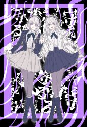 2girls black_background black_bow black_flower black_hairband black_headband blue_ribbon bow braid braided_ponytail closed_mouth clothes_lift female_focus fingernails flower full_body hair_bow hair_flower hair_ornament hairband headband jacket kashimiya_karua kirifuji_nozomi long_hair long_sleeves looking_at_viewer mole mole_under_eye multiple_girls neck_ribbon open_mouth pabitelsafe3 pantyhose pleated_skirt purple_background purple_jacket purple_skirt ribbon shirt simple_background skirt skirt_lift smile teeth the_hundred_line_-last_defense_academy- upper_teeth_only white_background white_hair white_jacket white_shirt white_skirt